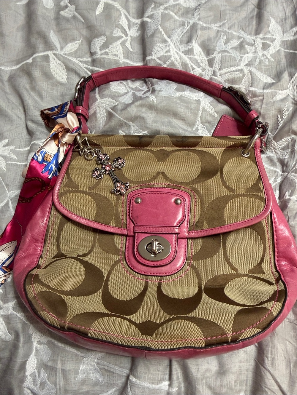 Coach Brown Signature Canvas Shoulder Bag with Pink Trim
